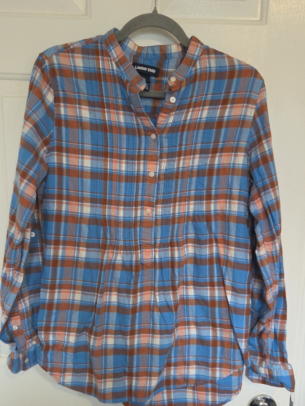 Lands' End Women's Blue, Brown & White Plaid Button-Front Shirt~ Size 8